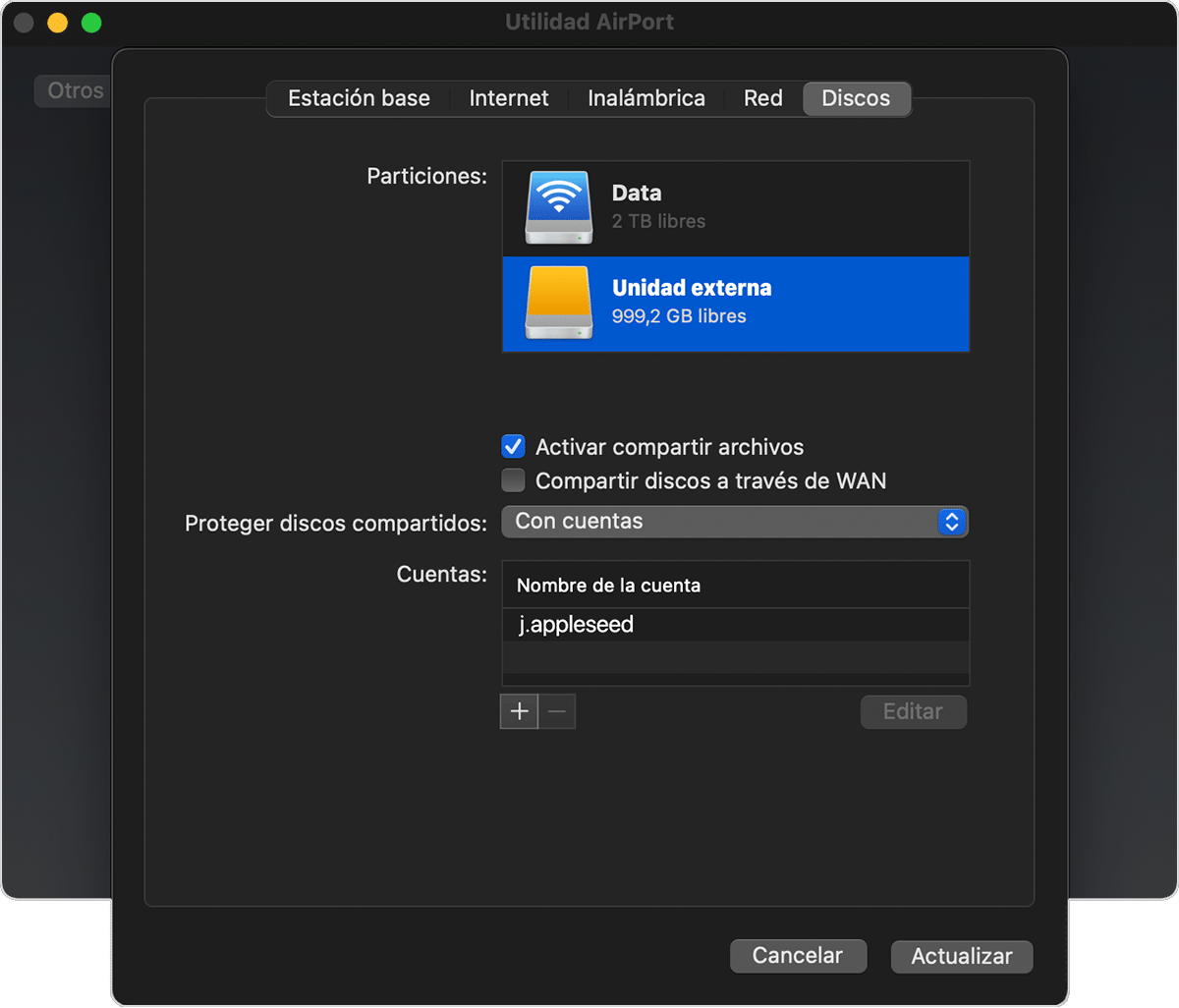 pestaña Discos de Utilidad AirPort