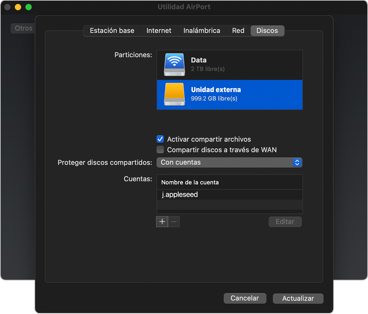 Pestaña Discos de la Utilidad AirPort