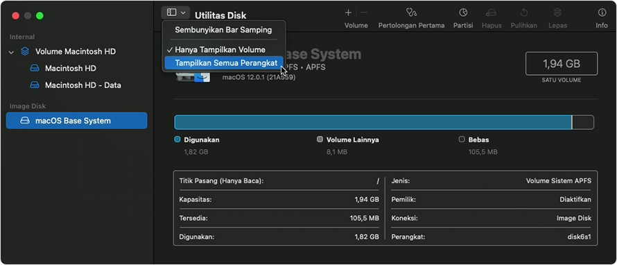 Item menu Tampilkan Semua Perangkat di Utilitas Disk.