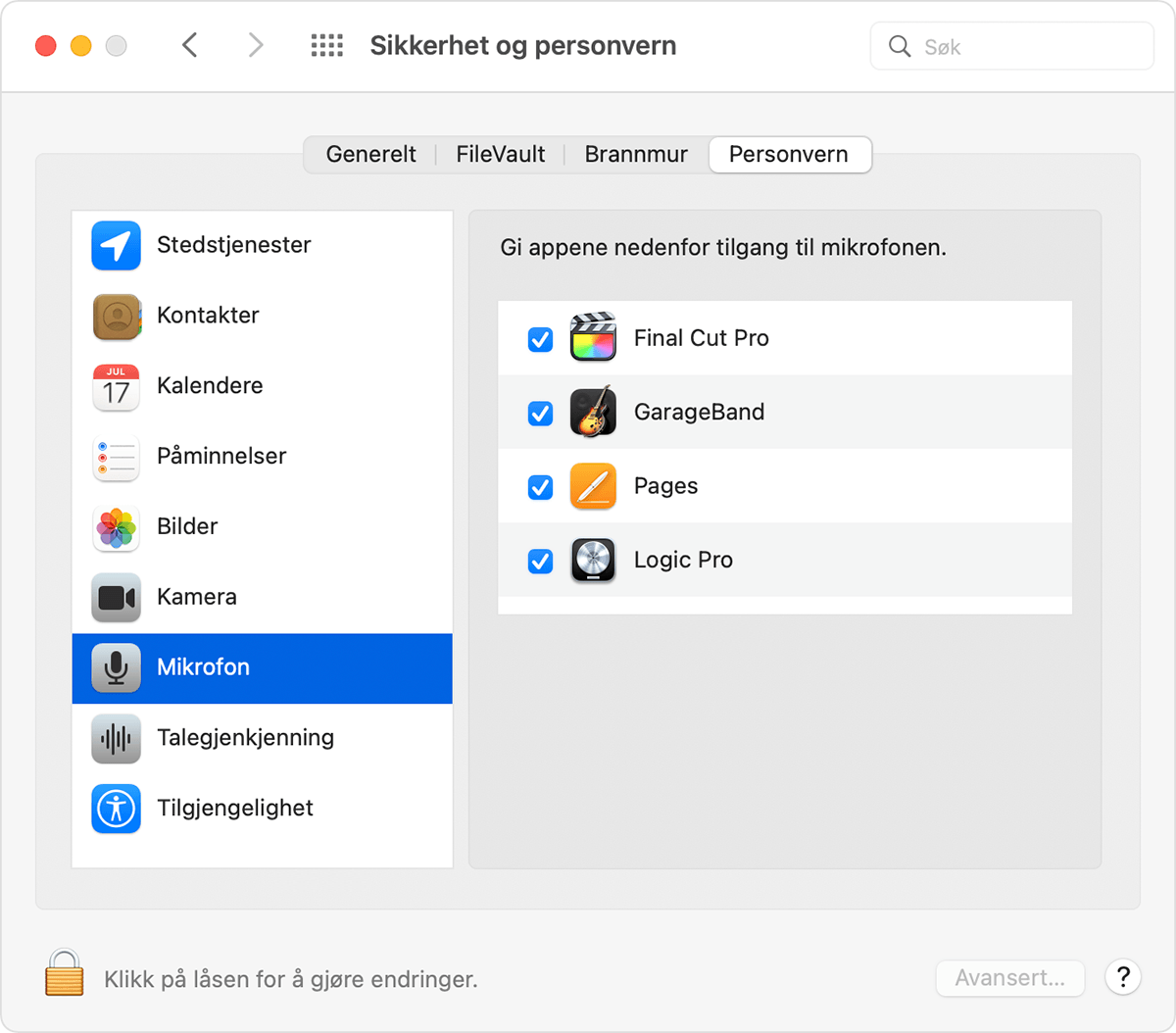 macOS Sikkerhet og personvern-preferanser Personvern-fanen med mikrofon valgt
