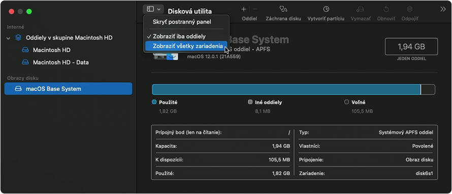 Položka menu Zobraziť všetky zariadenia v Diskovej utilite.