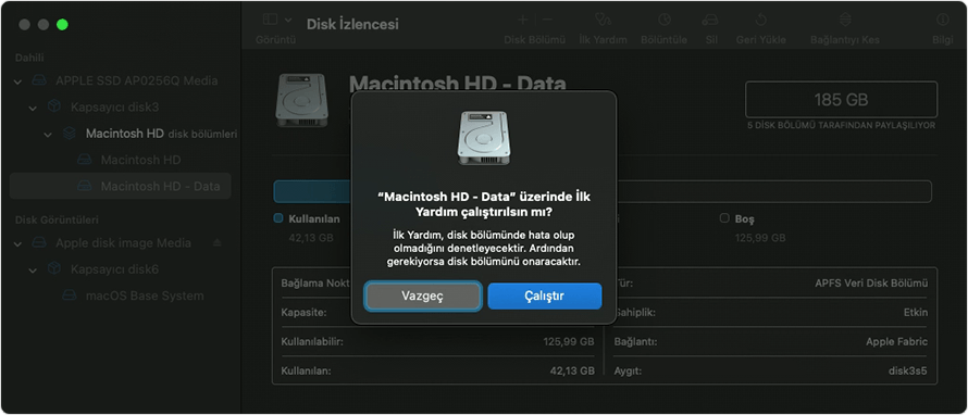 İlk Yardım, seçilen disk bölümünde çalıştırılsın mı?