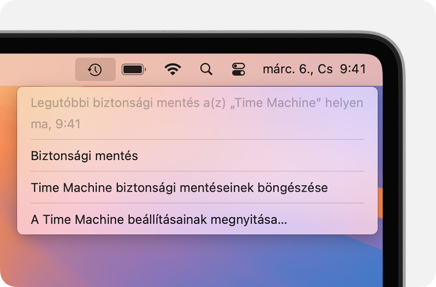 A Time Machine menüje, amelyben a legújabb biztonsági mentés részletei láthatók.