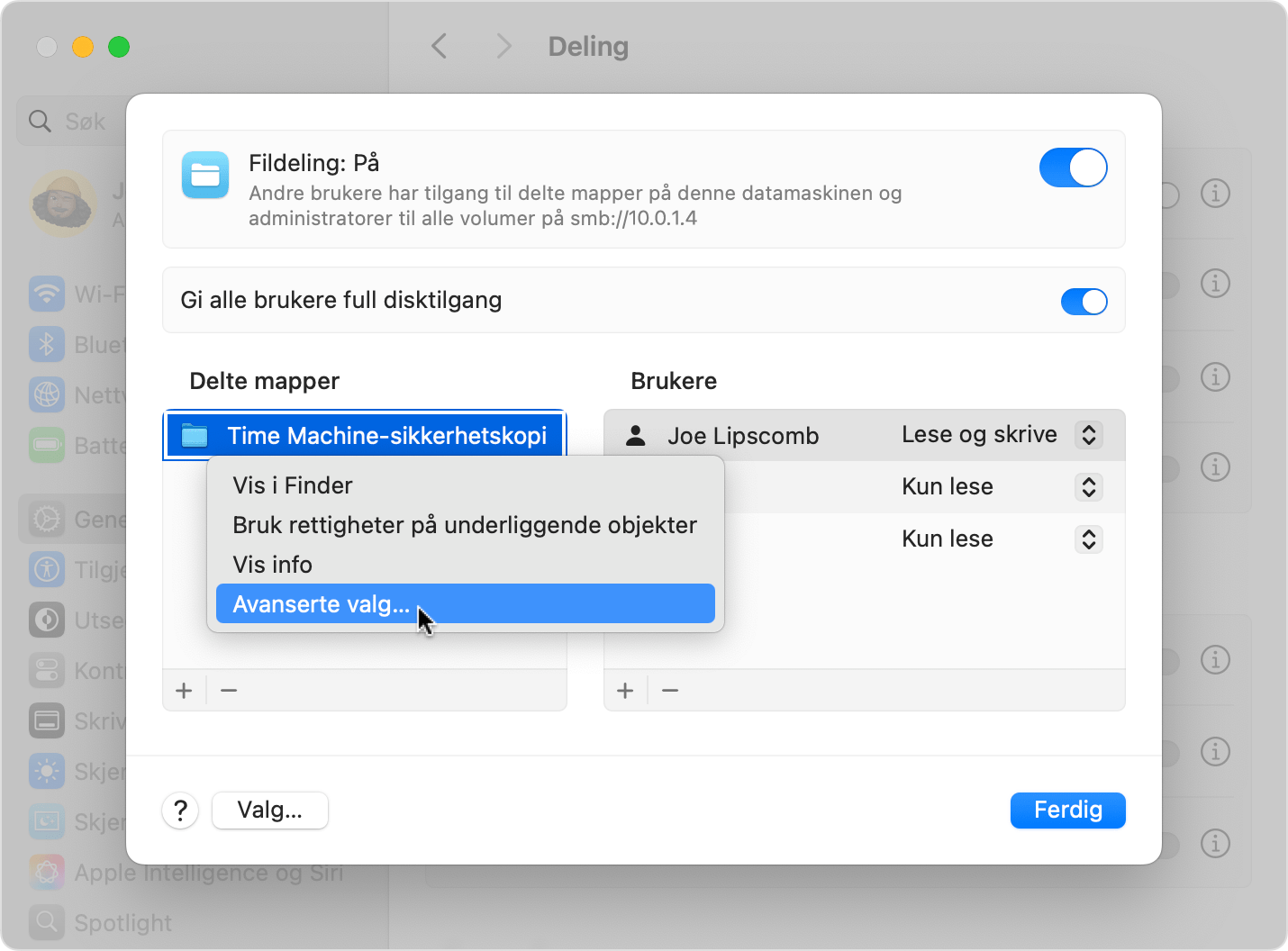 Velger Avanserte valg på snarveismenyen.