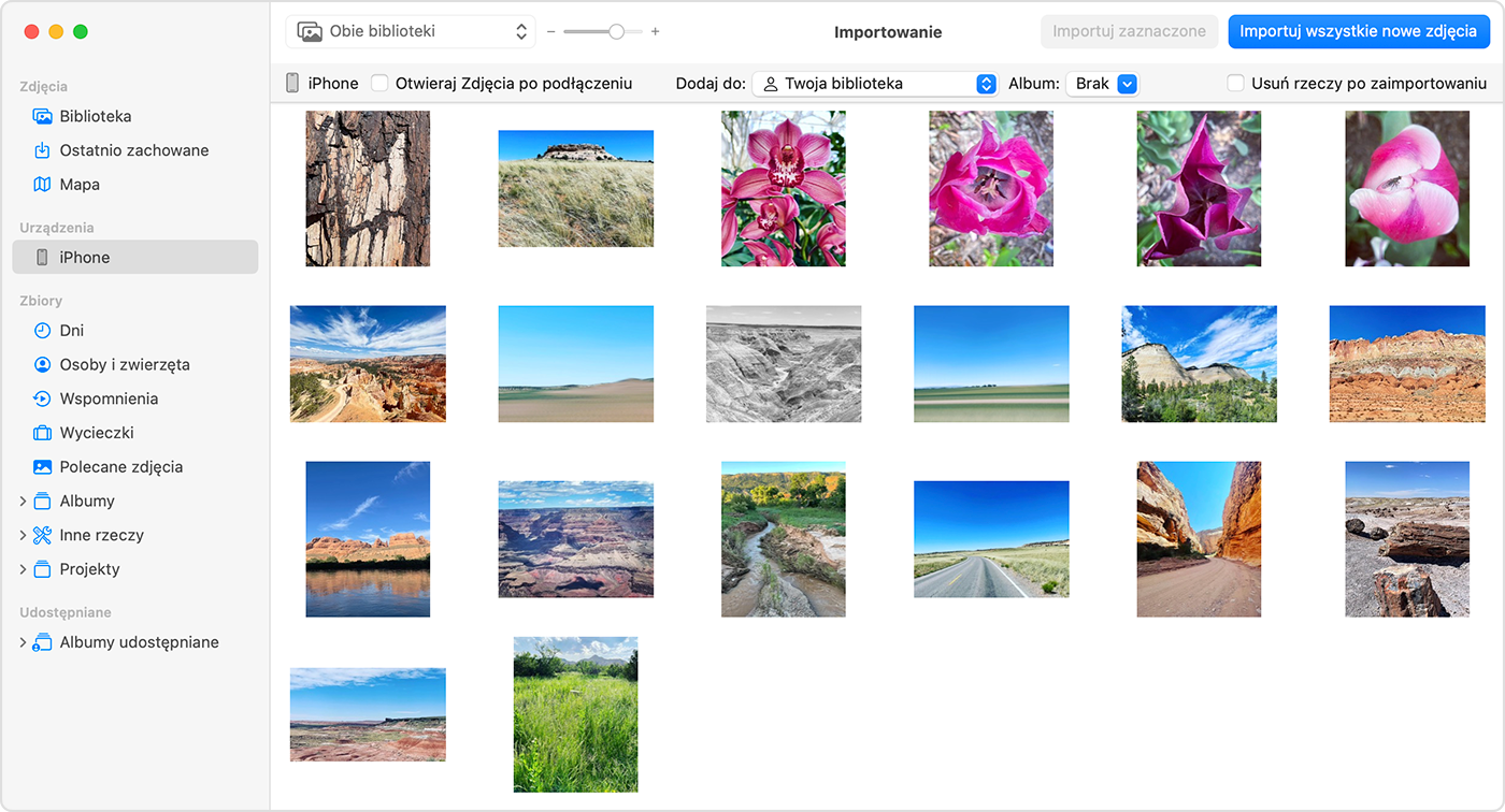 Ekran Maca wyświetlający zdjęcia dostępne do importu