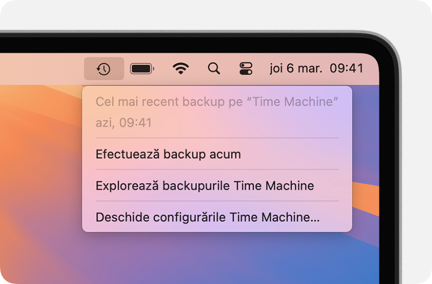 Meniul Time Machine care afișează detalii despre cel mai recent backup.