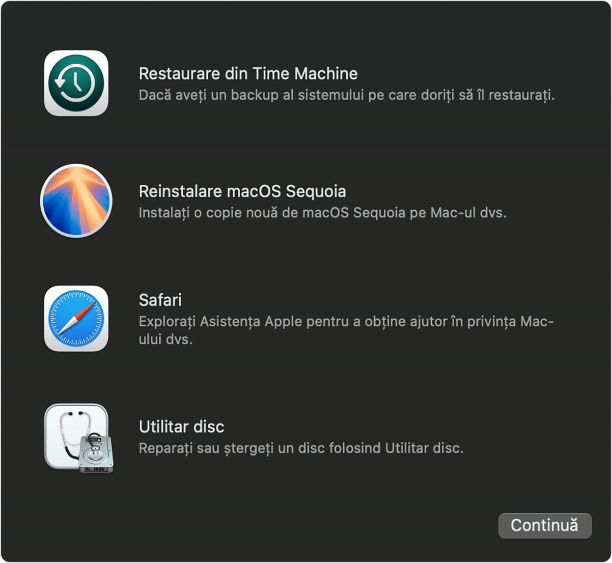 Fereastra Utilitare din Recuperare macOS.