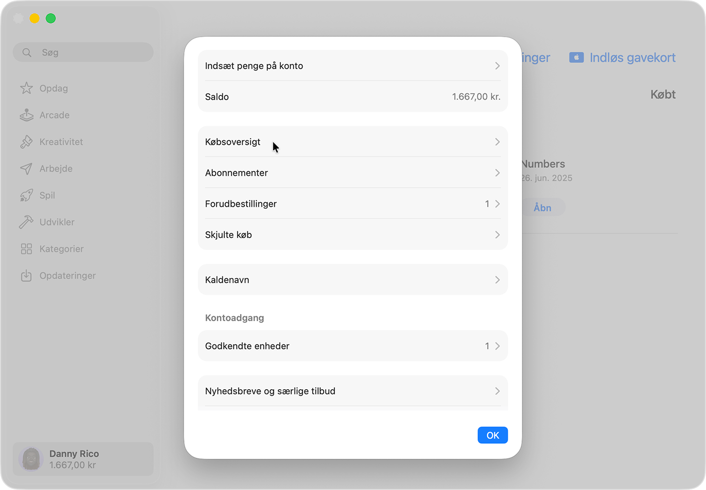 Et billede, der viser Kontoindstillinger i App Store på macOS. En knap til Se alle er fremhævet.