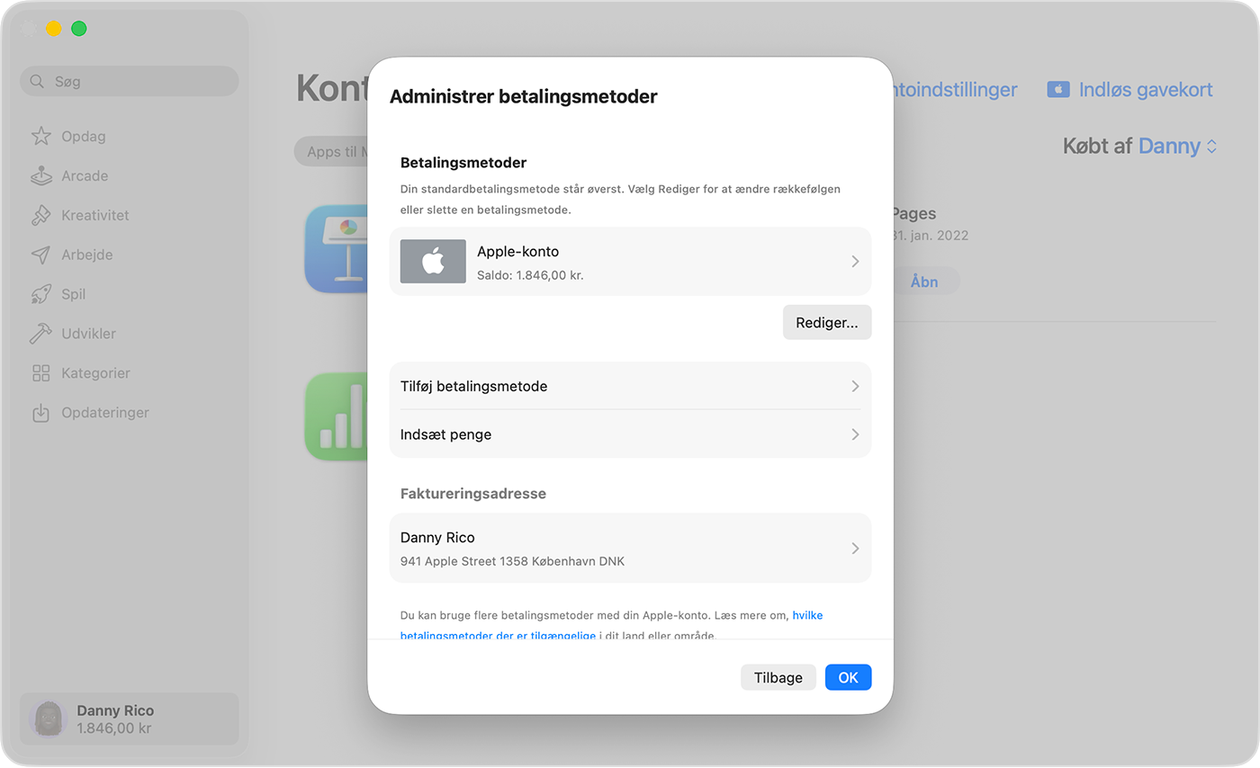 macOS-skærm, der viser skærmen Administrer betalinger.