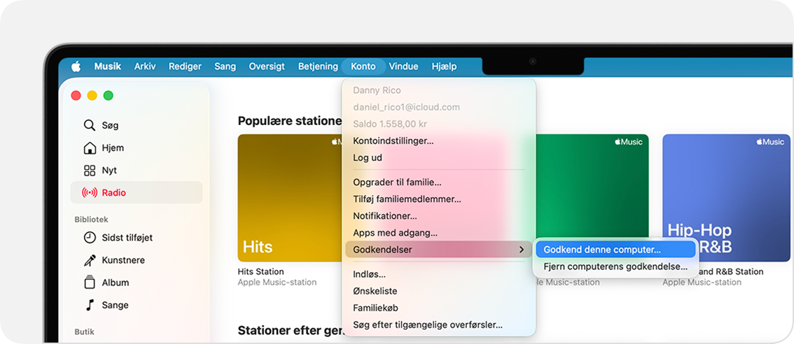 Appen Apple Music på Mac med visning af Godkend denne computer eller Fjern godkendelse af denne computer.