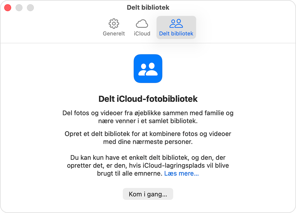 Menuen Indstillinger i Fotos på en Mac viser fanen Delt bibliotek. Knappen Kom i gang findes under en beskrivelse af Delt bibliotek.