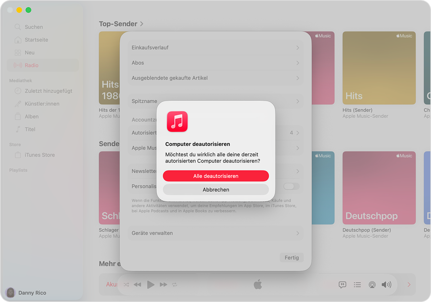 Apple Music App auf dem Mac mit der Seite „Accountinformationen“ und der Taste „Alle deautorisieren“.
