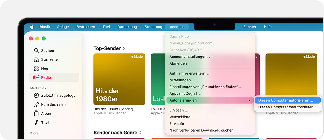 Apple Music-App auf dem Mac mit der Anzeige „Diesen Computer autorisieren“ oder „Diesen Computer deautorisieren“.