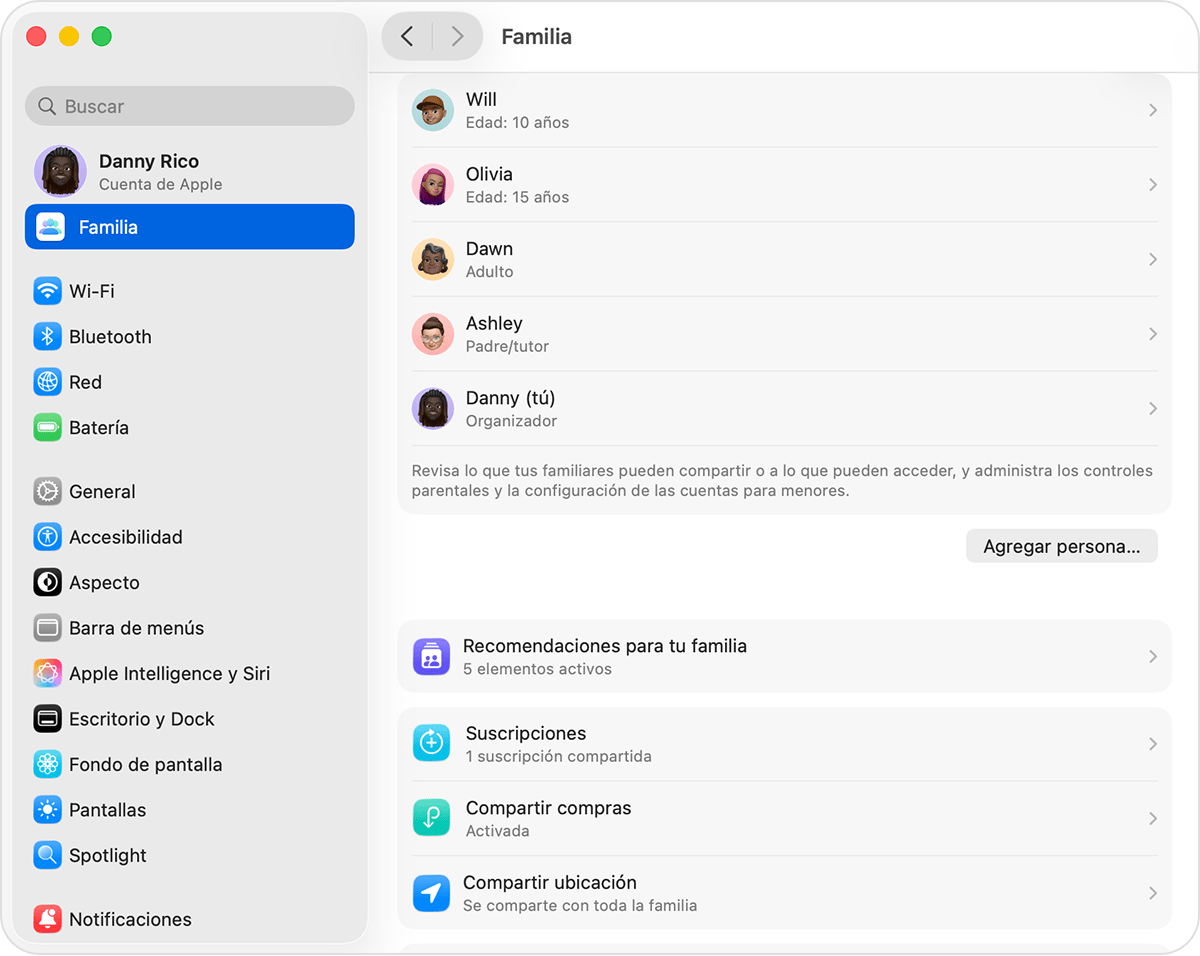 Pantalla de macOS en la que se muestran los pasos para agregar un miembro a tu grupo de Compartir en familia.