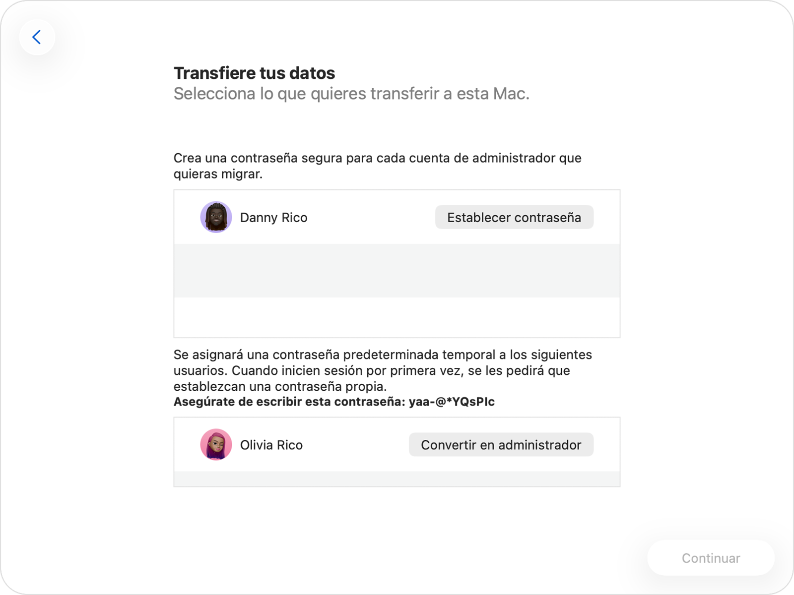 Asistente de Migración en el que se muestran las opciones de contraseña para una cuenta de administrador y una que no es de administrador.