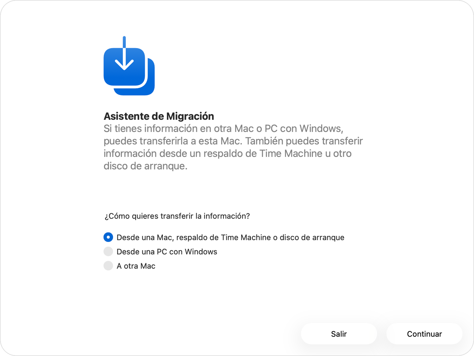 El Asistente de Migración con la opción “Desde una Mac, Time Machine o disco de arranque” seleccionada.