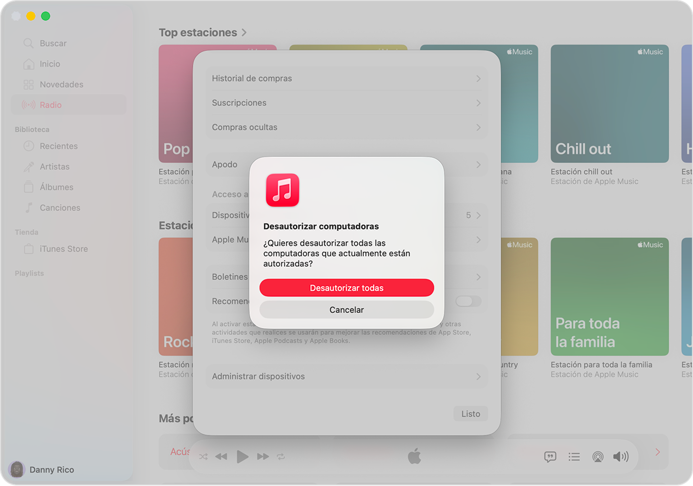 La app Apple Music en una Mac en la que se muestra la página Información de la cuenta y el botón Retirar la autorización a todas.