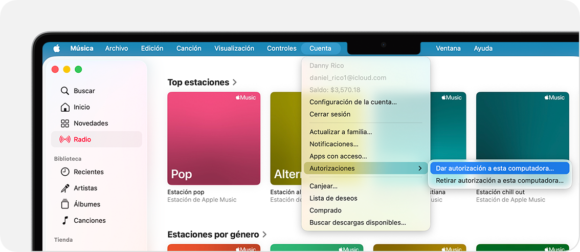 La app Apple Music en una Mac en la que se muestran las opciones Dar autorización a esta computadora o Retirar autorización a esta computadora.