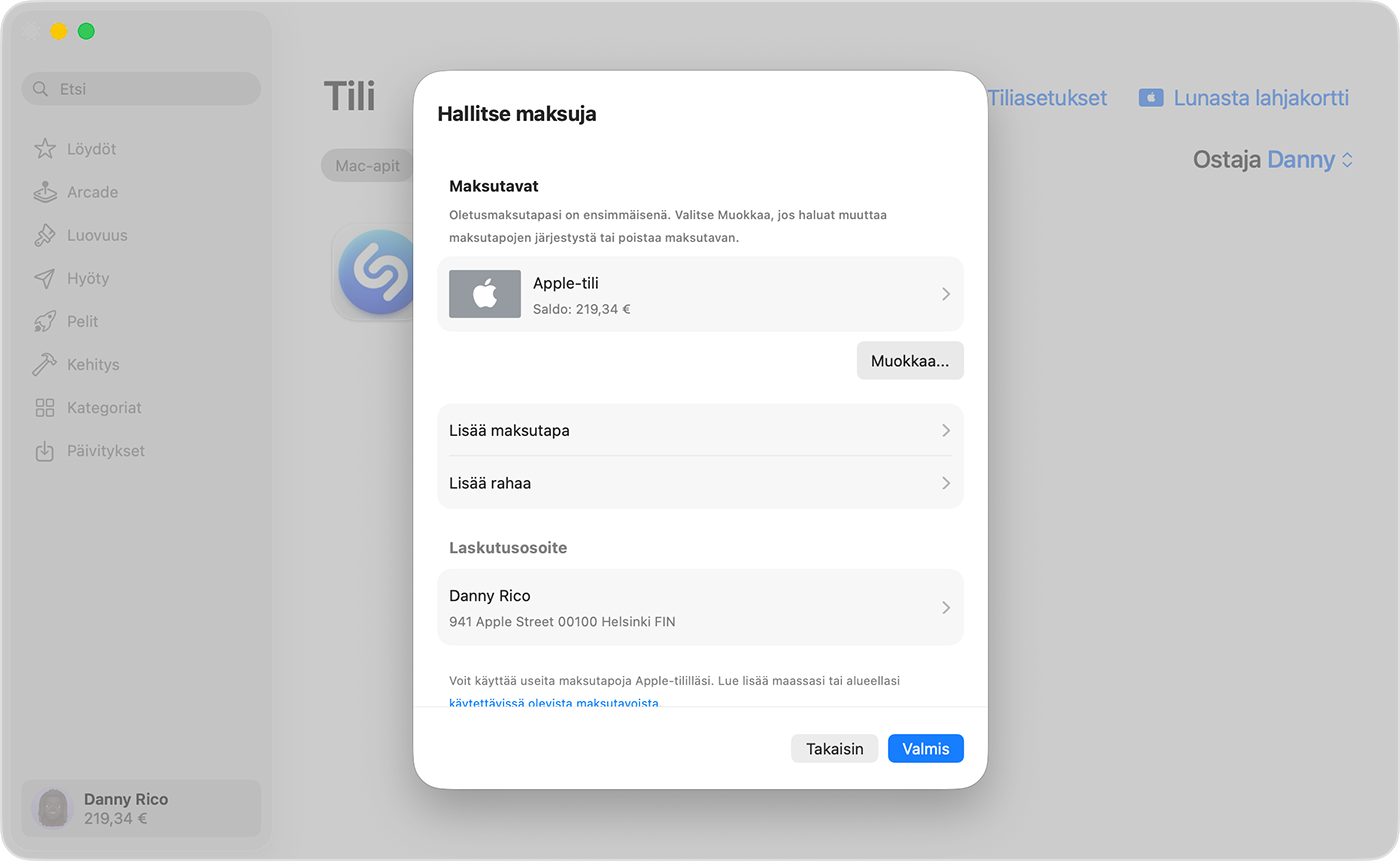 Macin näyttö, jossa näkyy Hallitse maksuja -asetukset.