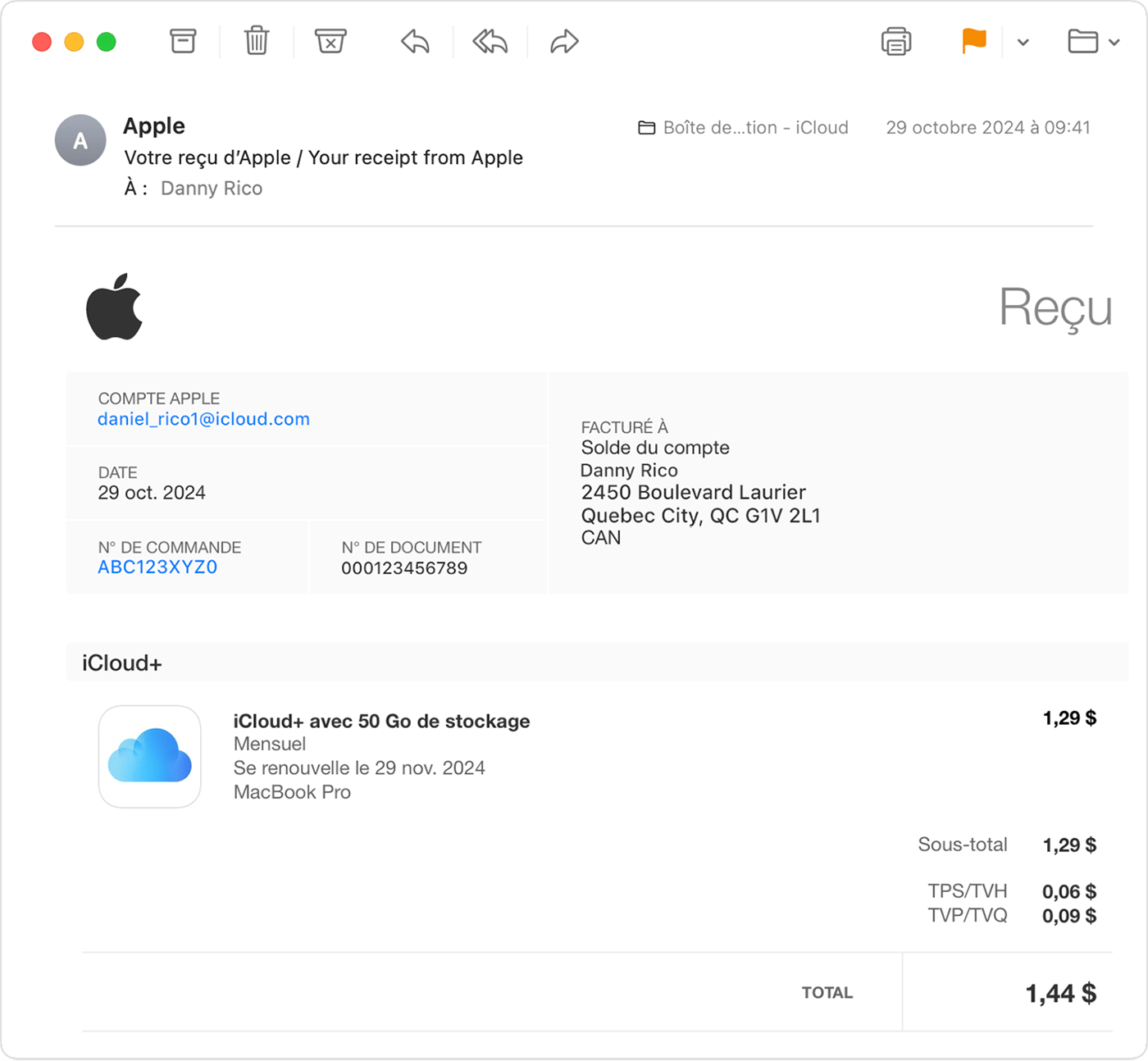Reçu par courriel pour l’achat d’un abonnement Apple One.