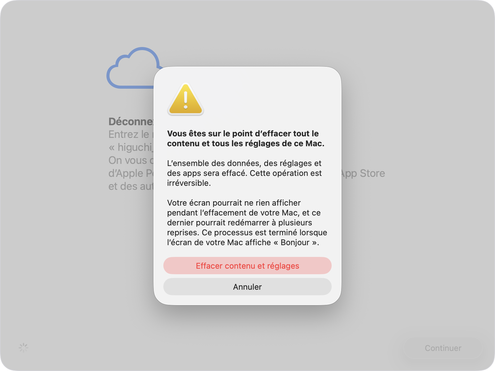 Confirmation Effacer contenu et réglages.