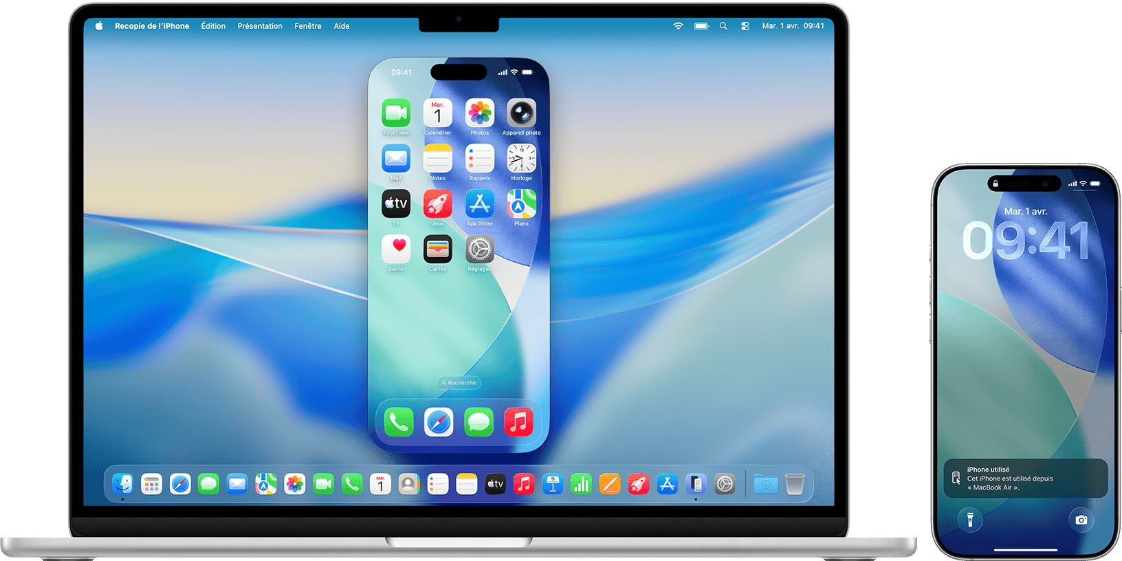 MacBook Air recopiant l’écran d’un iPhone situé à proximité.