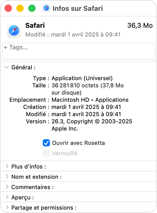 Fenêtre d’informations de Safari affichant le réglage « Ouvrir avec Rosetta ».