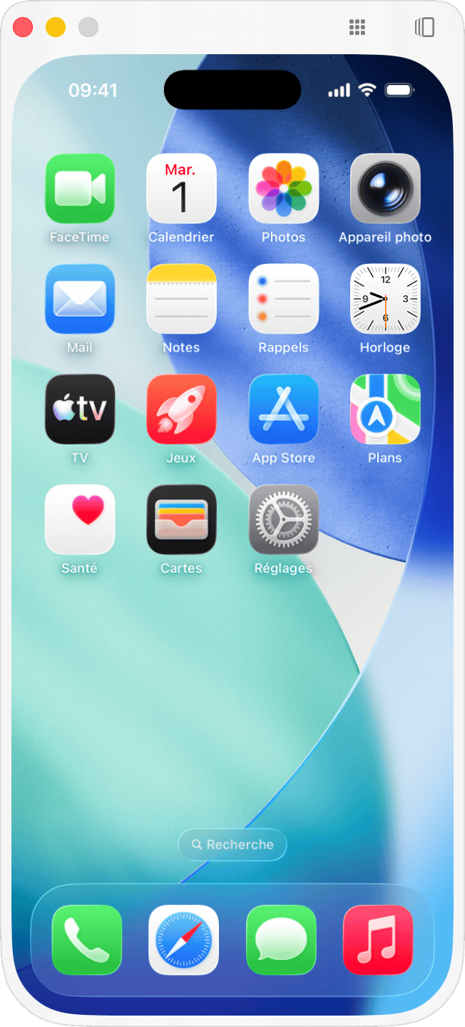 Fenêtre de recopie de l’iPhone une fois la connexion établie avec l’iPhone.