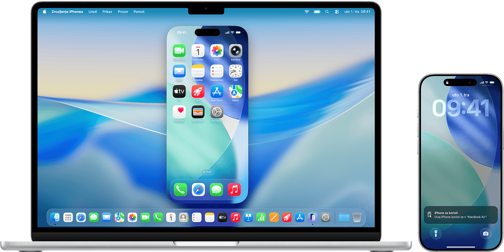 Zrcaljenje obližnjeg iPhone uređaja putem MacBook Aira.