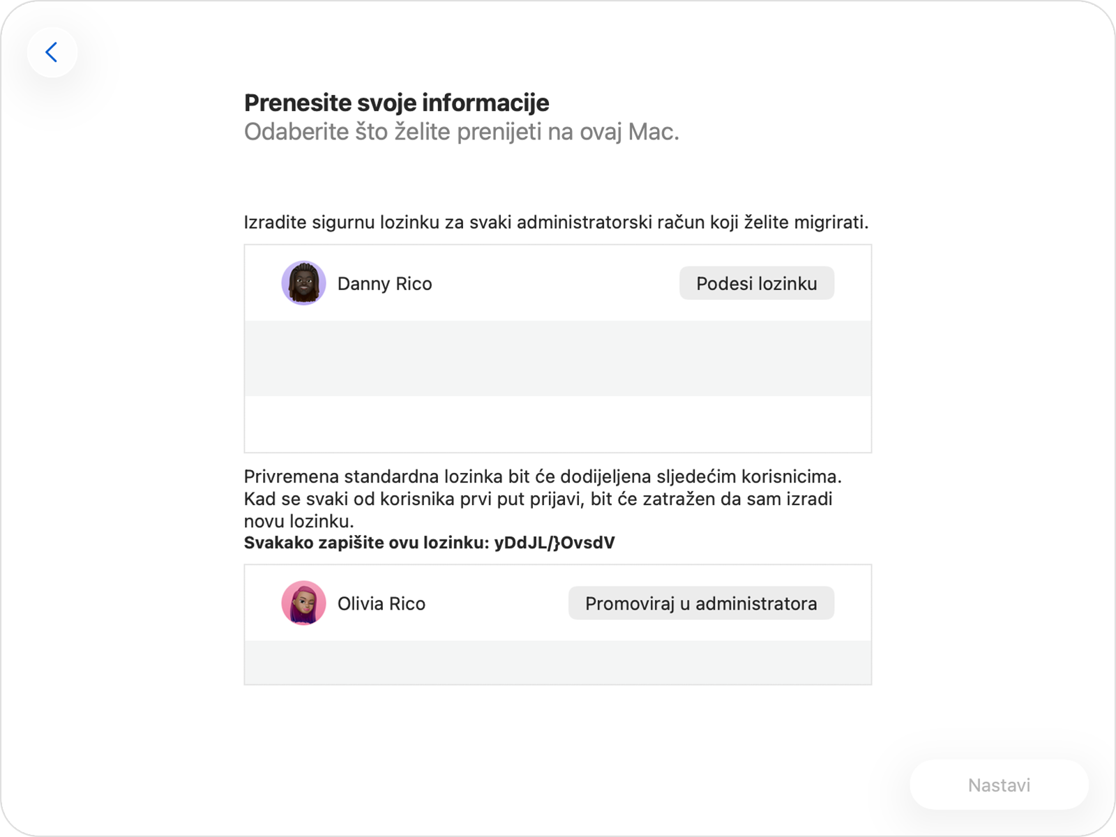 Asistent za migraciju s prikazanim opcijama lozinke za administratorski i neadministratorski račun.