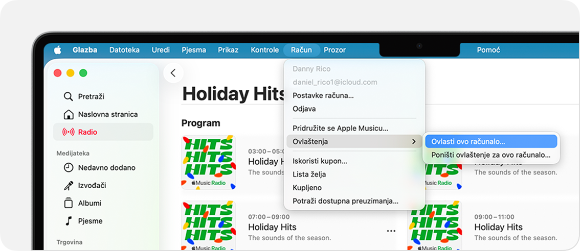 Aplikacija Apple Music na Mac računalu koja prikazuje opciju Ovlasti ovo računalo ili Poništi ovlaštenje ovog računala.