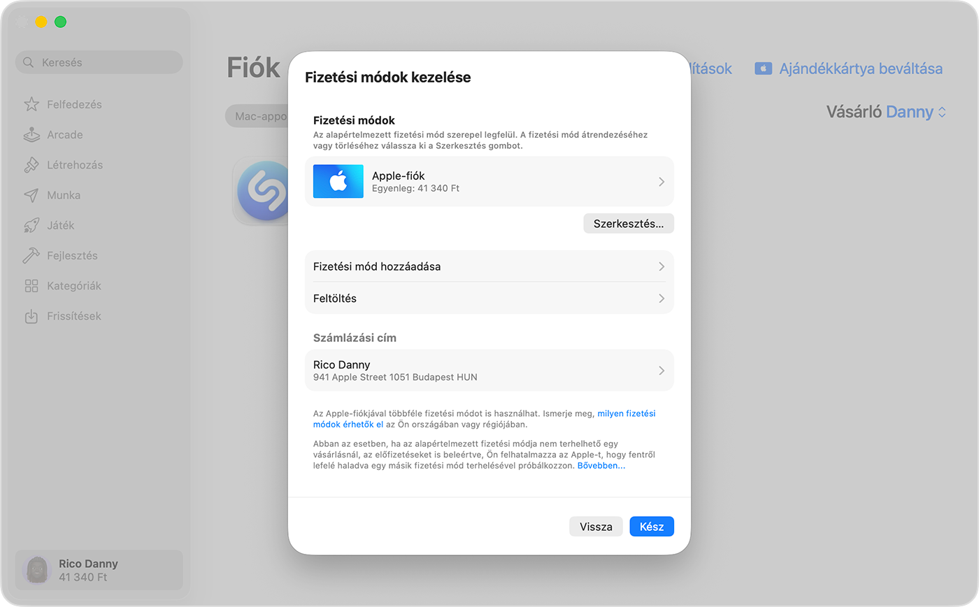 Egy Mac képernyője, amelyen a fizetés kezelésére szolgáló beállítások láthatók.