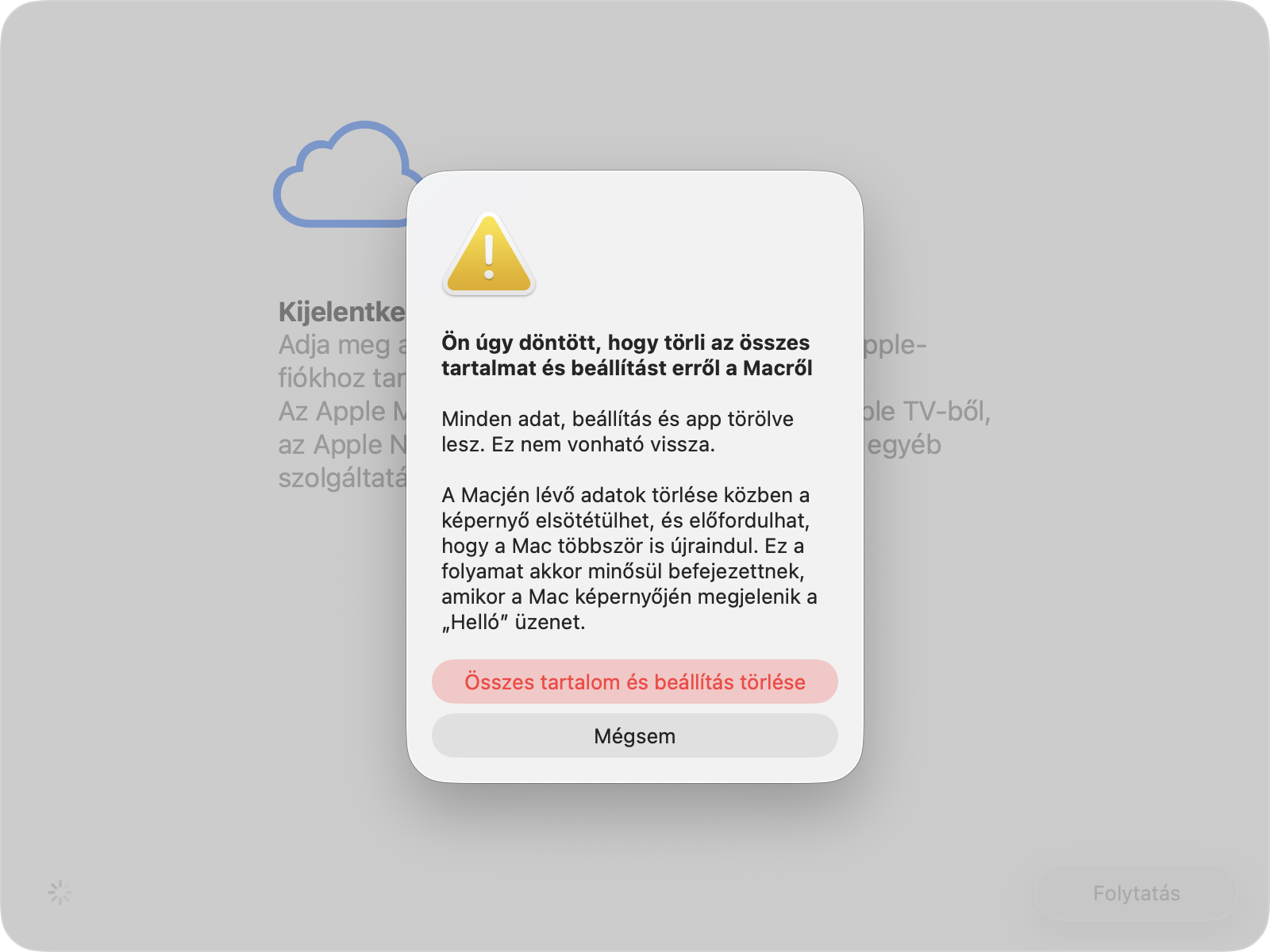 Az Összes tartalom és beállítás törlése megerősítése.