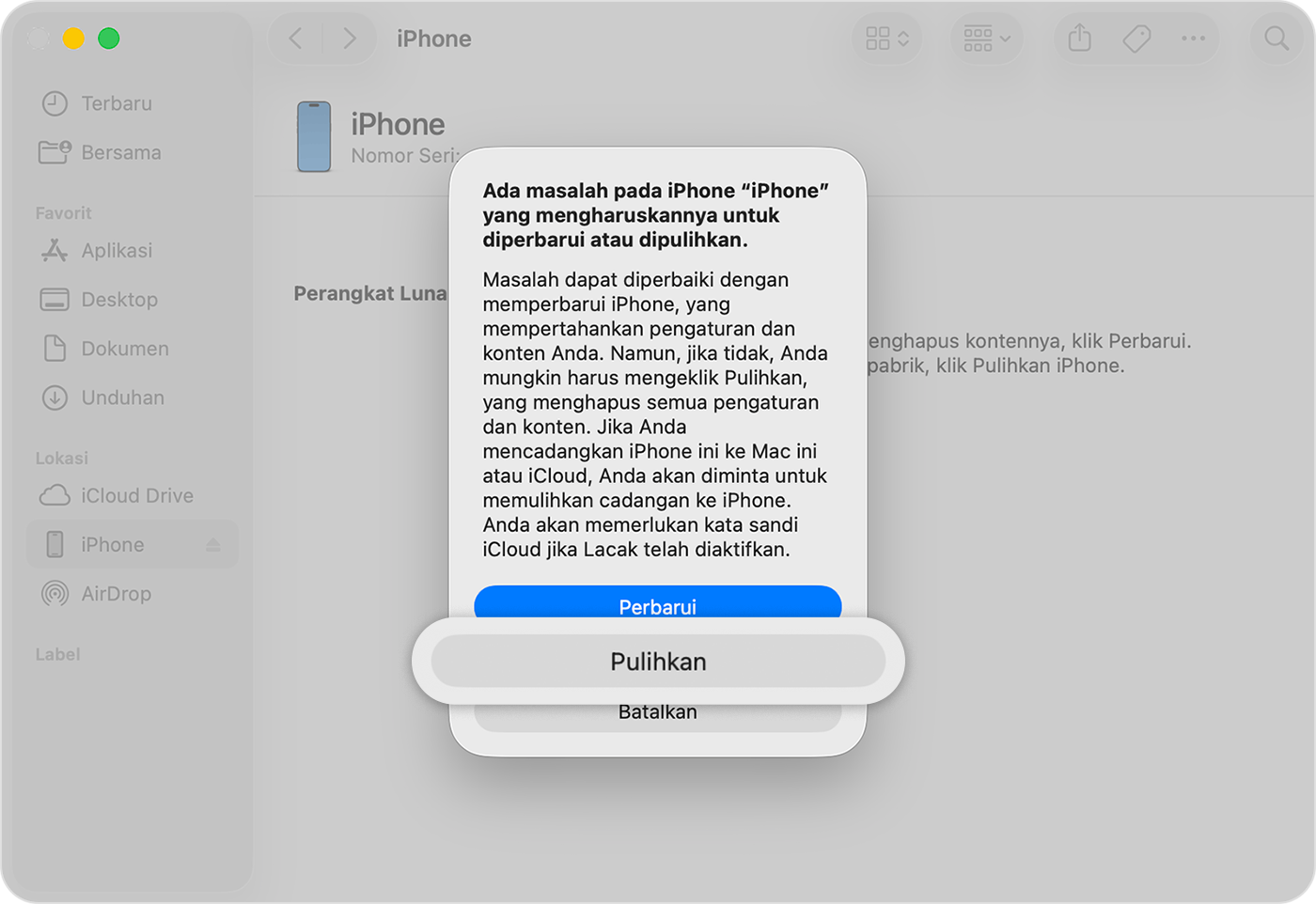 Setelah Anda menyambungkan iPhone ke komputer, ketuk Pulihkan jika pilihan itu tersedia.