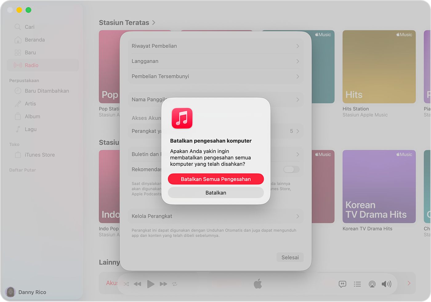 App Apple Music di Mac menampilkan halaman Informasi Akun dan tombol Batalkan Semua Pengesahan.
