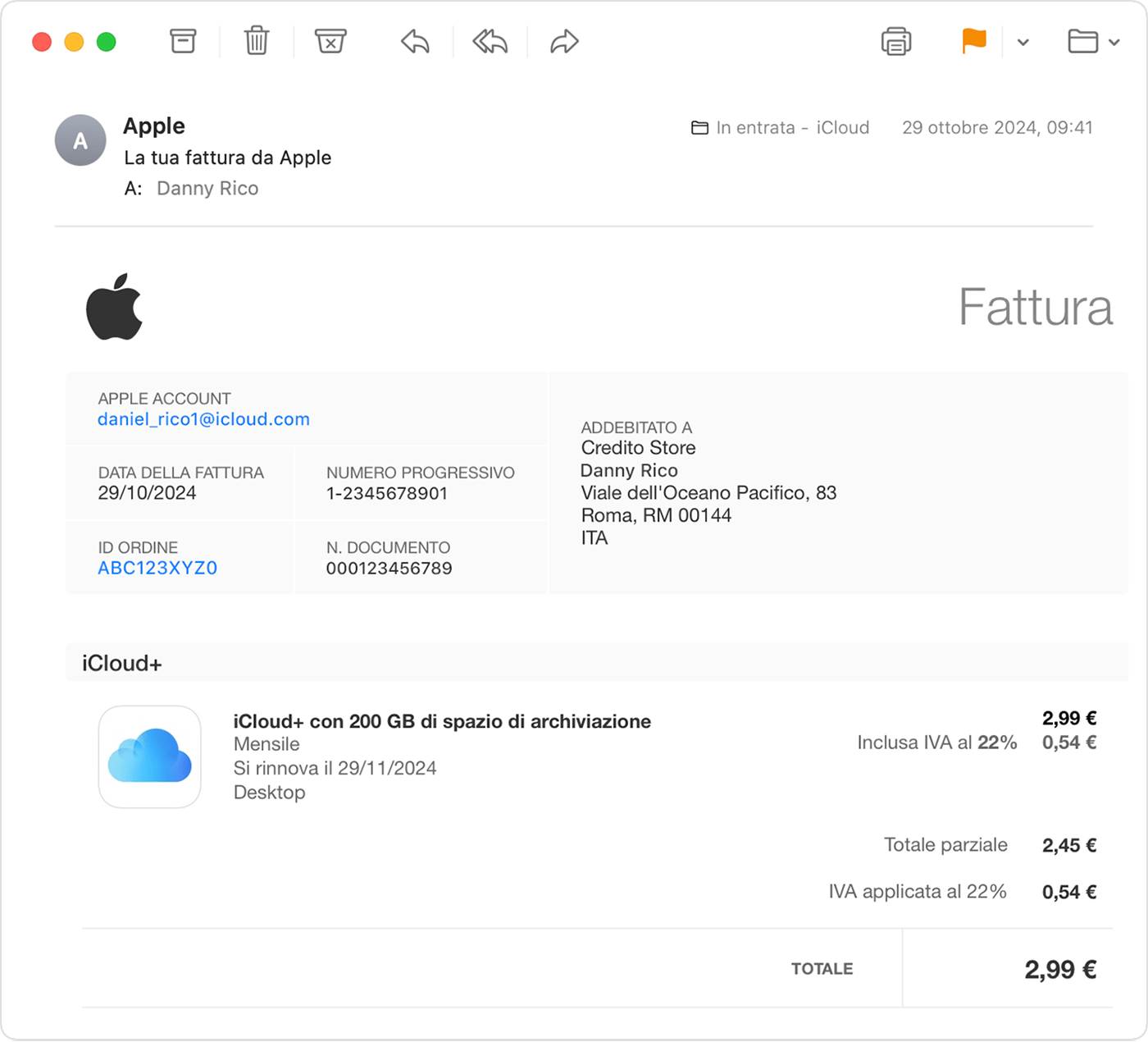 Email di ricevuta per l'acquisto di un abbonamento Apple One.