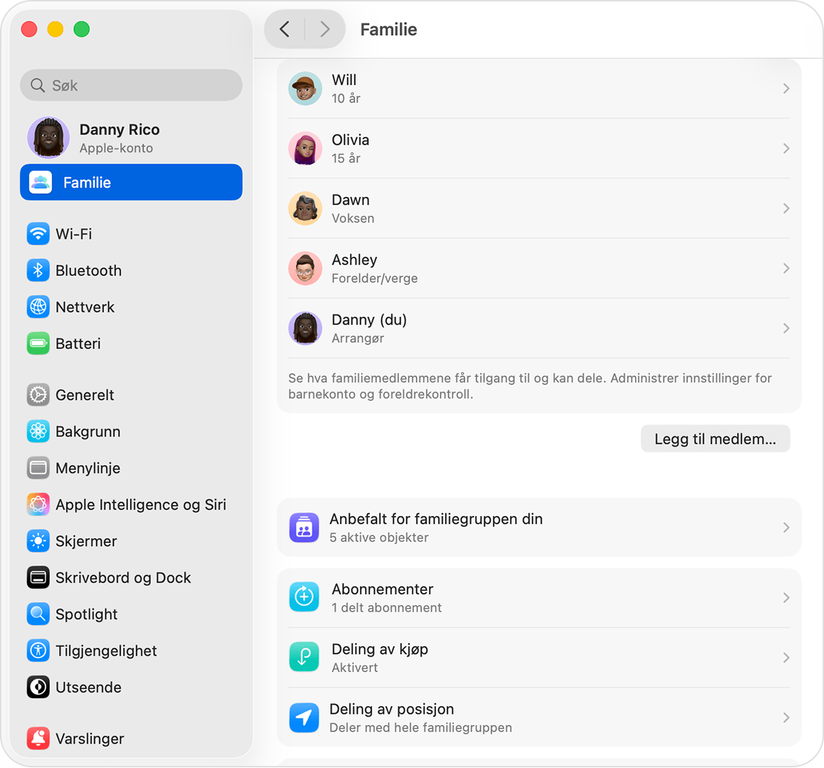 Systeminnstillinger på Mac som viser Familieinnstillinger, inkludert knappen Legg til medlem