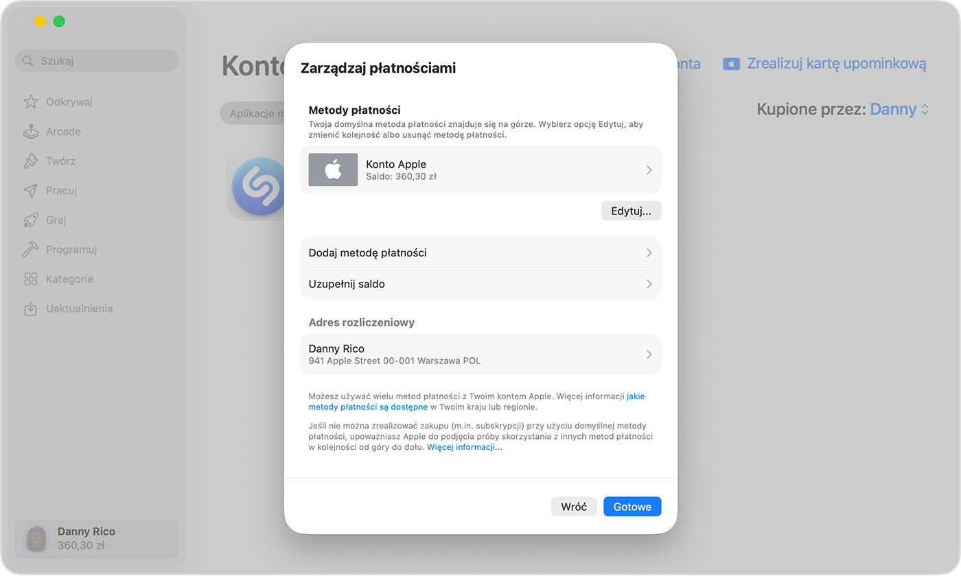 Ekran Maca wyświetlający ustawienia zarządzania płatnościami.