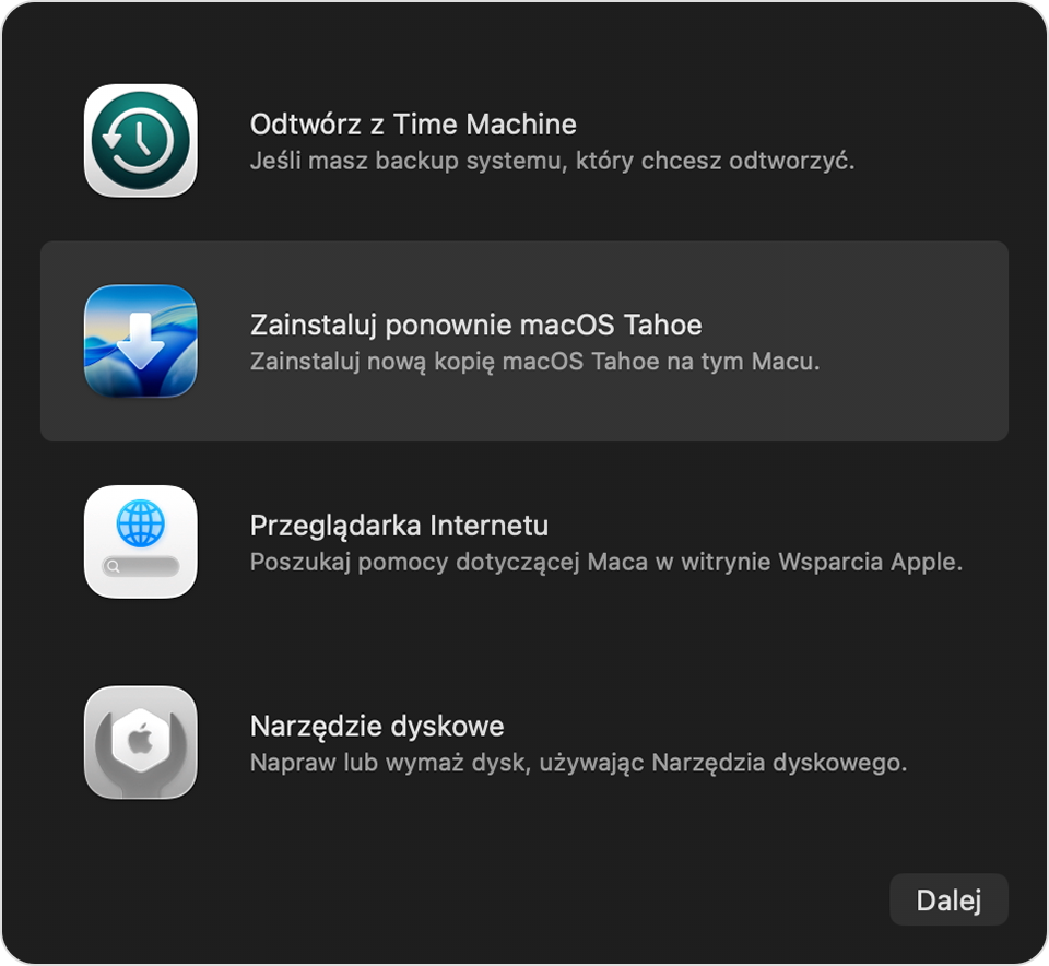 Narzędzia w trybie odzyskiwania systemu macOS