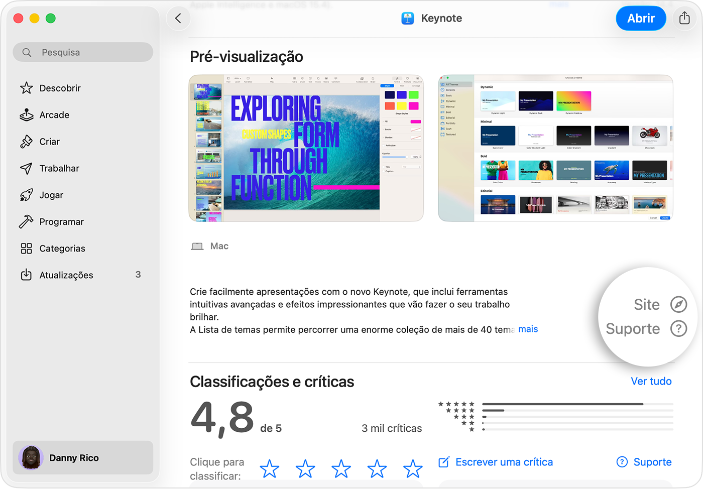 Num Mac, verá a App Store a apresentar a página Pré-visualização do Keynote. No canto inferior direito, os botões Website e Suporte estão destacados.