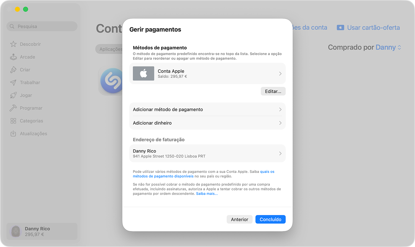 Ecrã do macOS a mostrar o ecrã Gerir pagamentos.