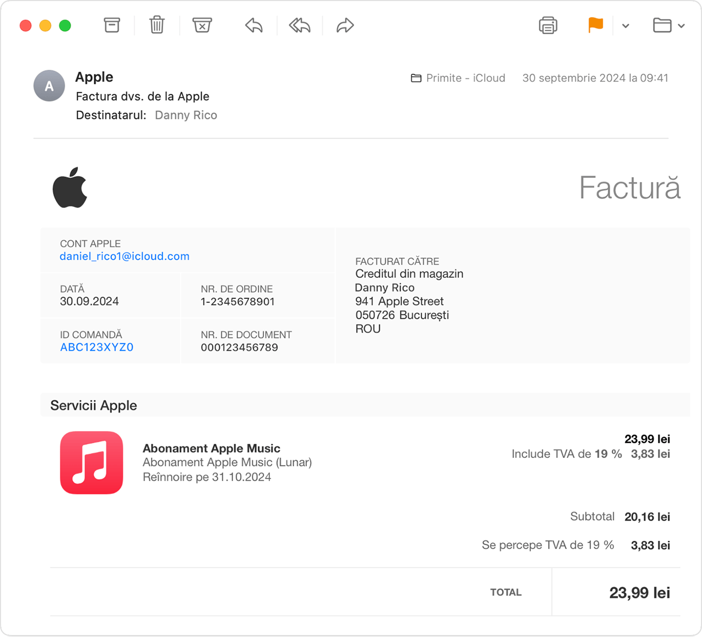Un e-mail de chitanță pentru o achiziție cu abonamentul Apple One.