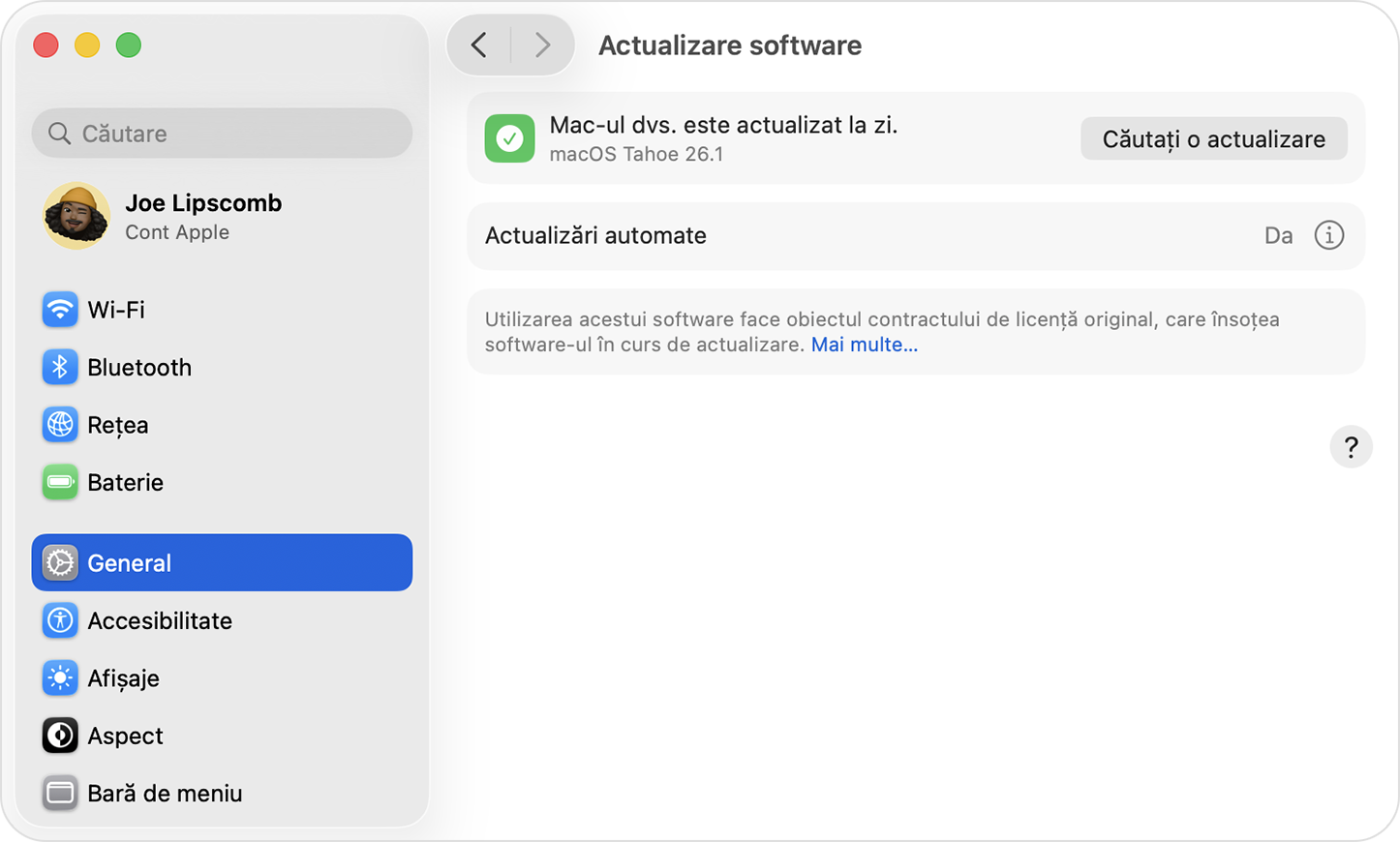 Actualizare software în macOS Sequoia, fără nicio actualizare disponibilă.