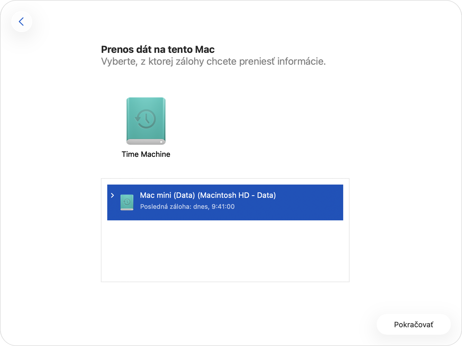 Sprievodca migráciou so zobrazenými zálohami Macu na vybratom disku Time Machine.