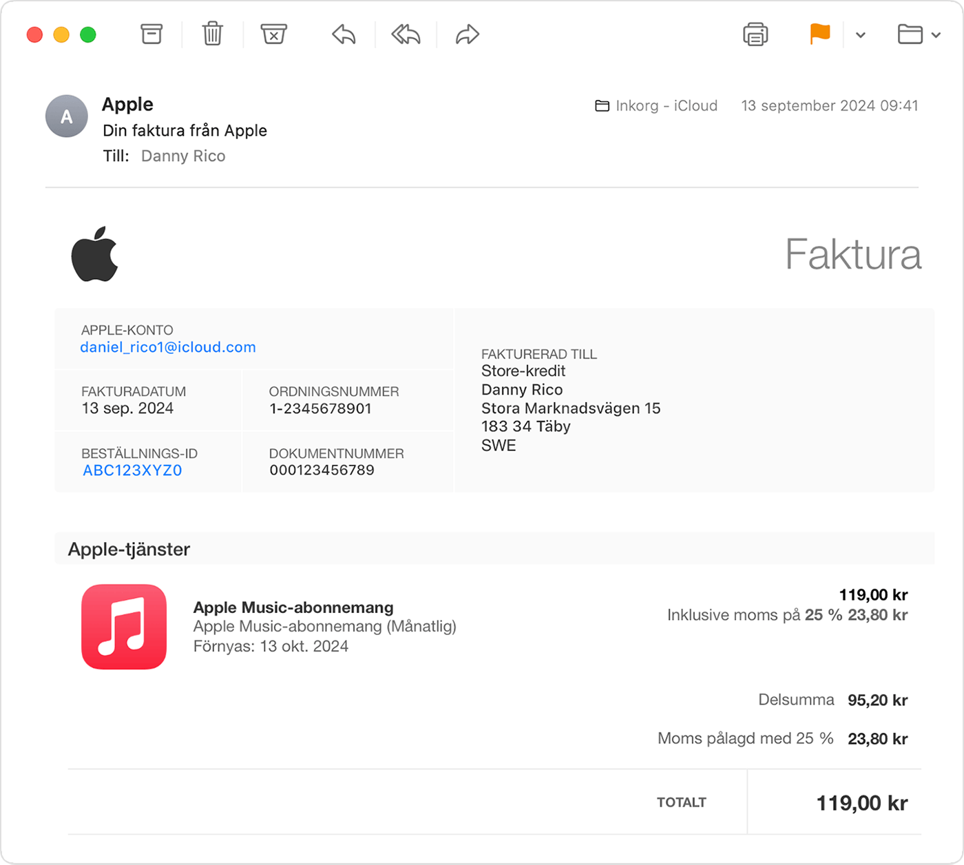 Ett e-postkvitto för ett köp av Apple One-abonnemang.