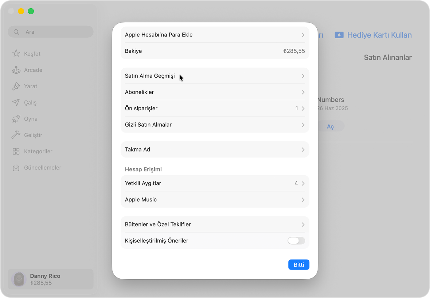macOS'teki App Store'da Hesap Ayarları'nı gösteren görüntü. Tümünü Gör düğmesi vurgulanır.