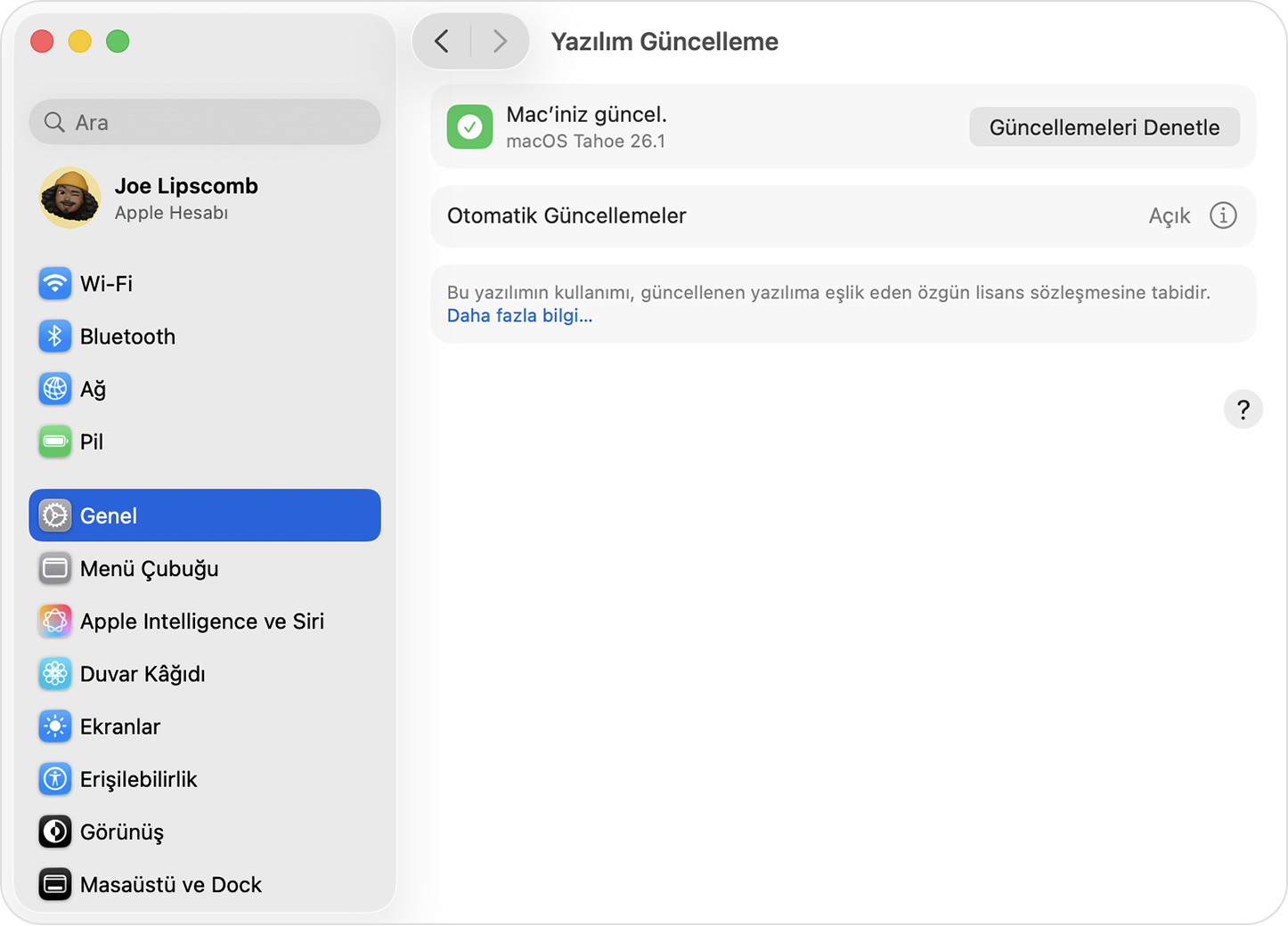macOS Sequoia'da, indirilebilecek bir güncelleme olmadığını gösteren Yazılım Güncelleme.