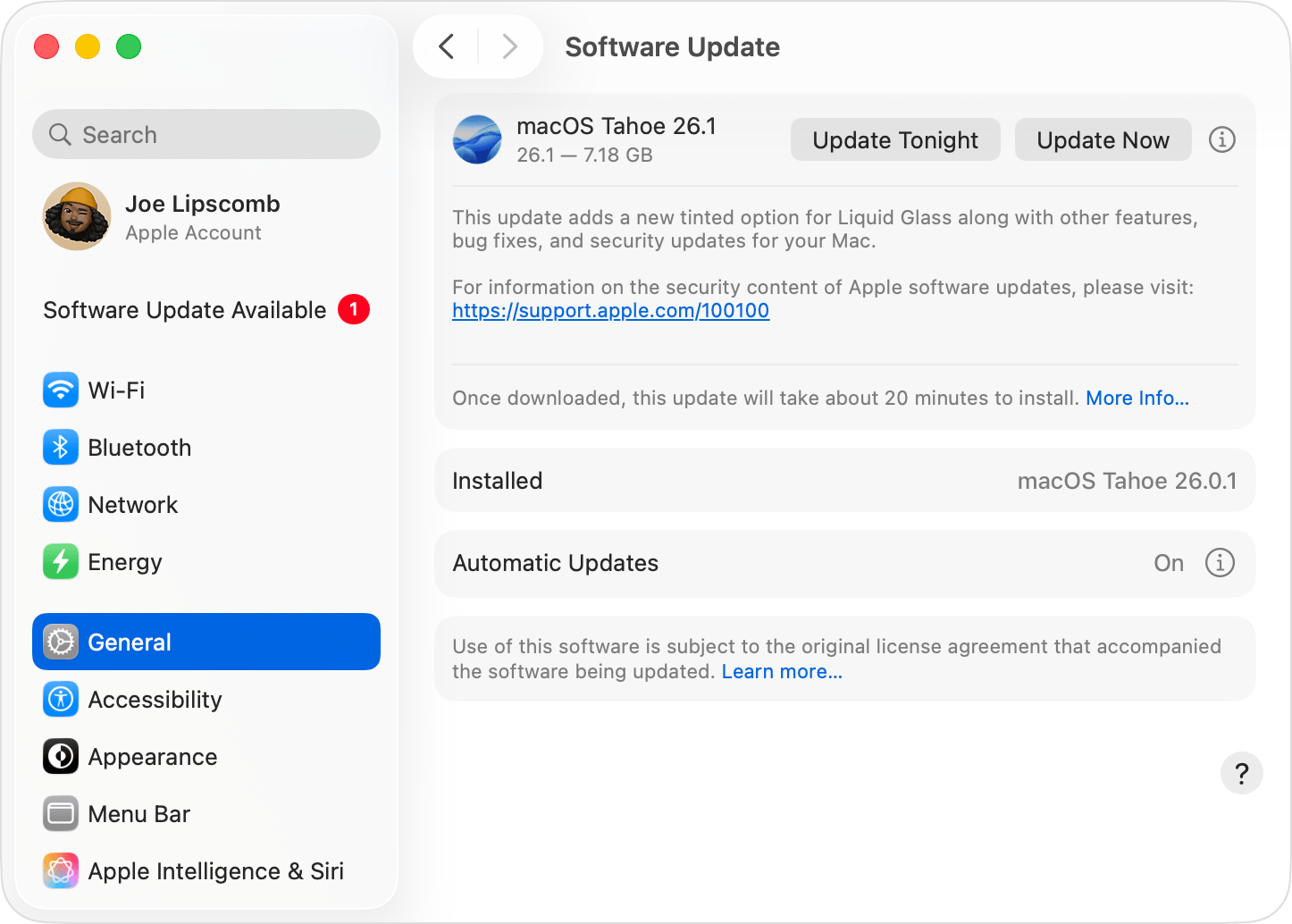 Software Update in macOS Sequoia, showing an available update.
