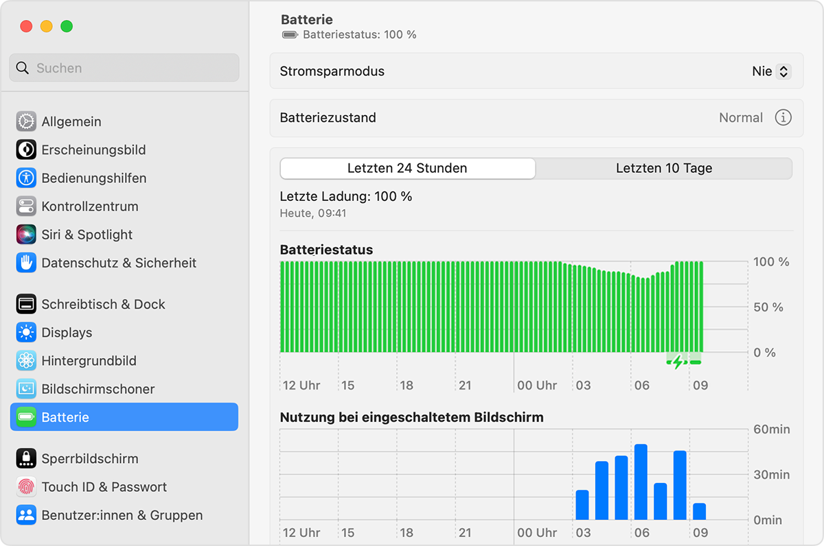 Batterieeinstellungen, die den Batteriezustand „Normal“ anzeigen