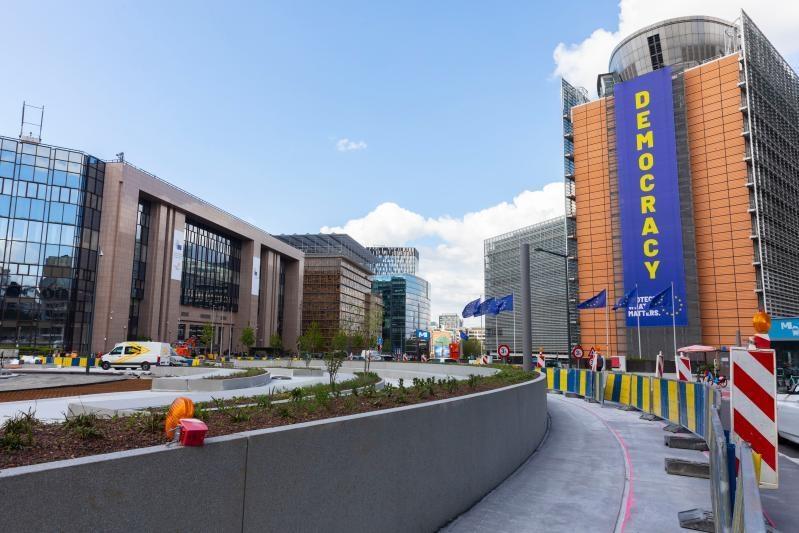 Installation of the banner 'Democracy, protect what matters' on the front of the Berlaymont building